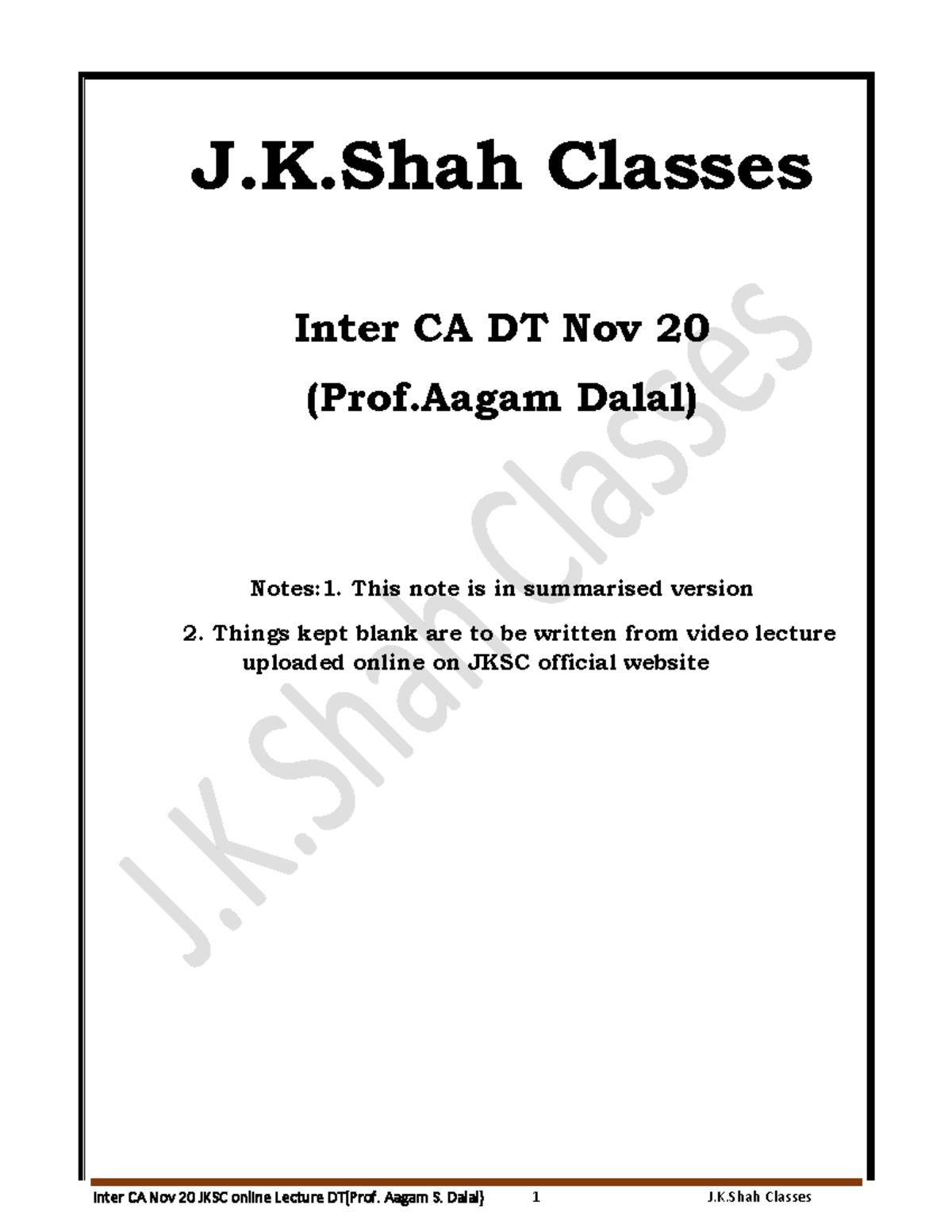 JKSC online FULL DT Summary notes J.K Classes Inter CA DT Nov 20