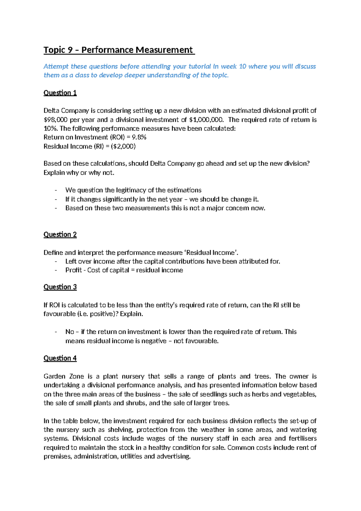 Topic 9 Tutorial questions - Topic 9 – Performance Measurement Attempt ...