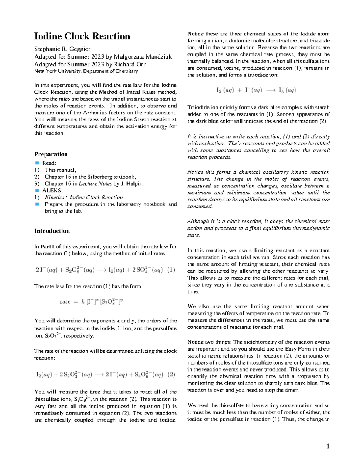 Exp5 Kinetics-Iodine Clock Reaction - Iodine Clock Reaction Stephanie R ...