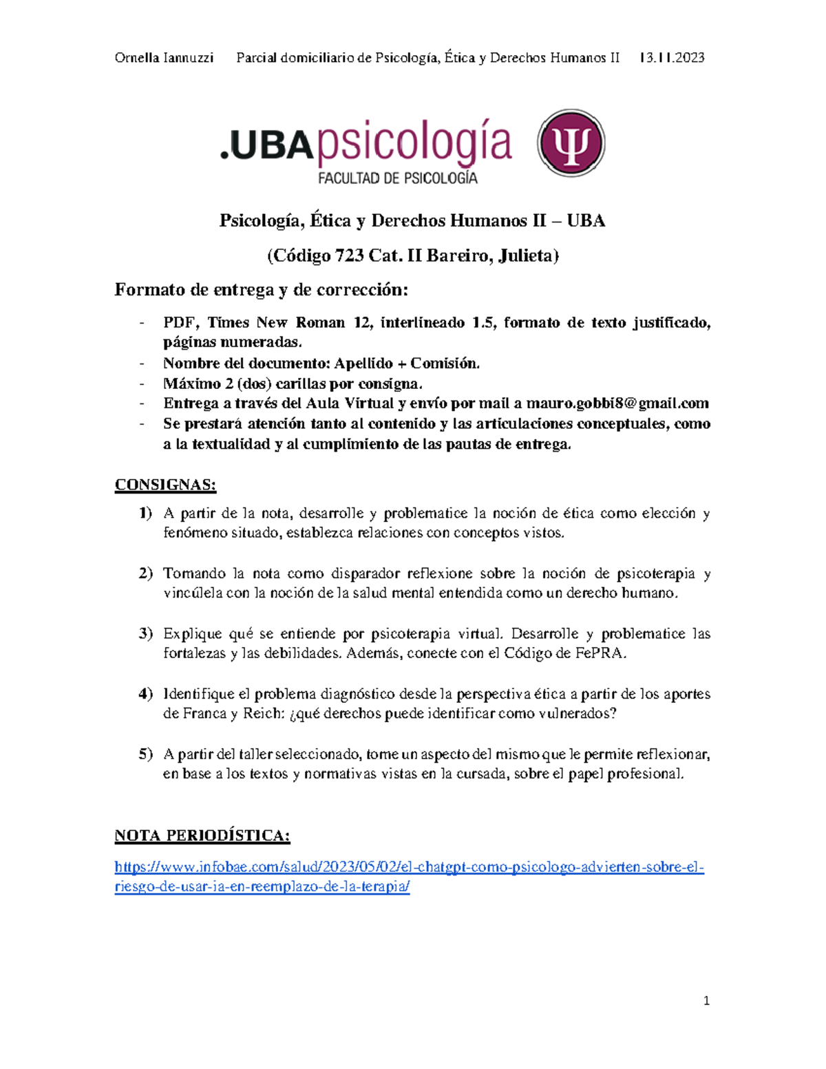 Trabajo Práctico - Segundo Parcial Ética Cat. Bareiro - Psicología ...