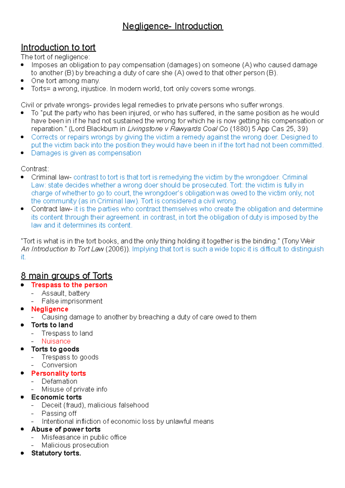 1 Negligence Introduction Negligence Introduction Introduction To Tort The Tort Of 1 Negligence Introduction Negligence Introduction Introduction To Tort The Tort Of