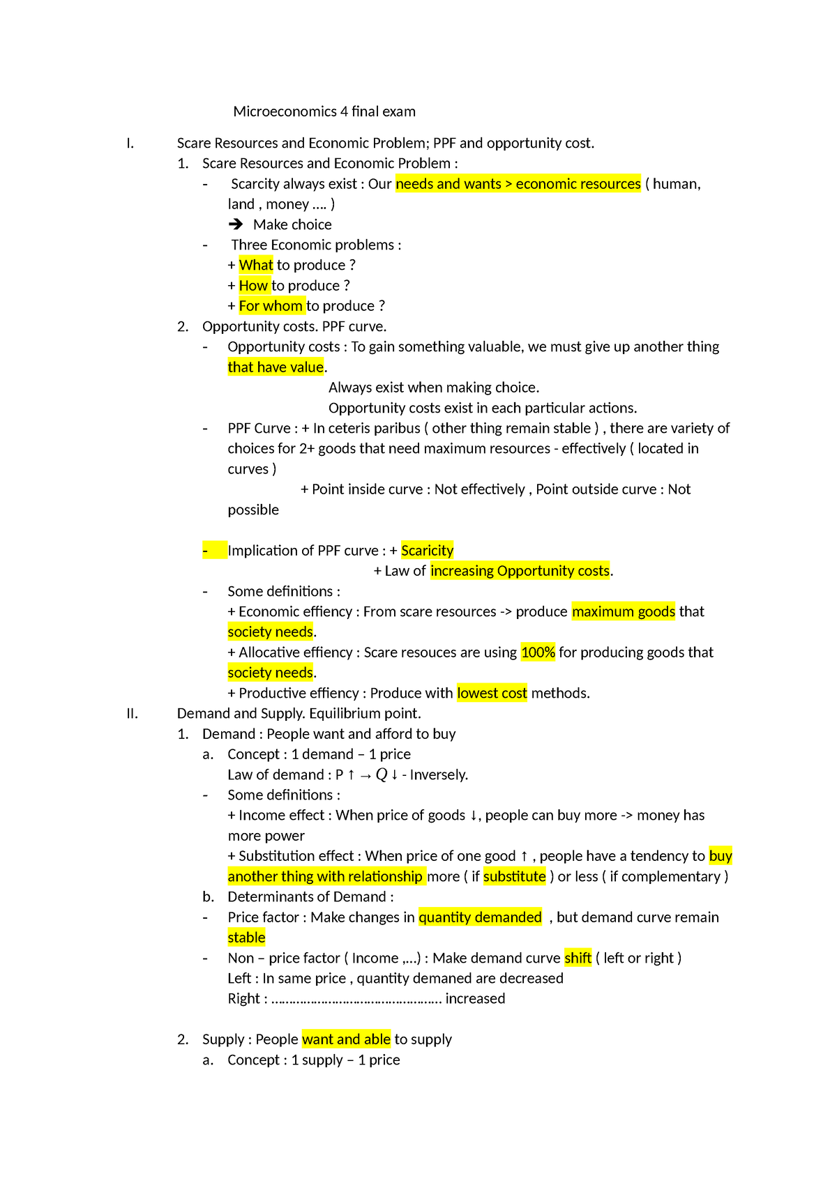 Microeconomics - Bxi - Microeconomics 4 final exam I. Scare Resources ...