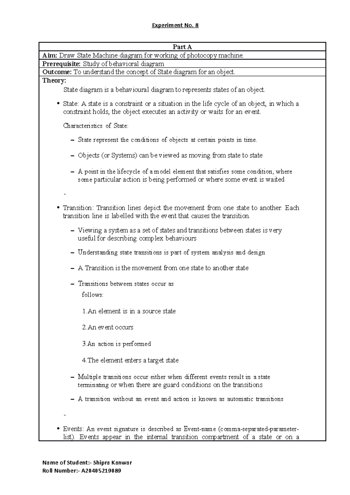 Experiment 07 SE Draw State Chart Model - Part A Aim: Draw State ...
