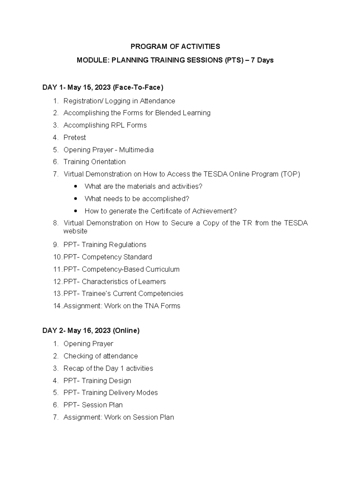 PTS Program of Activities - PROGRAM OF ACTIVITIES MODULE: PLANNING ...