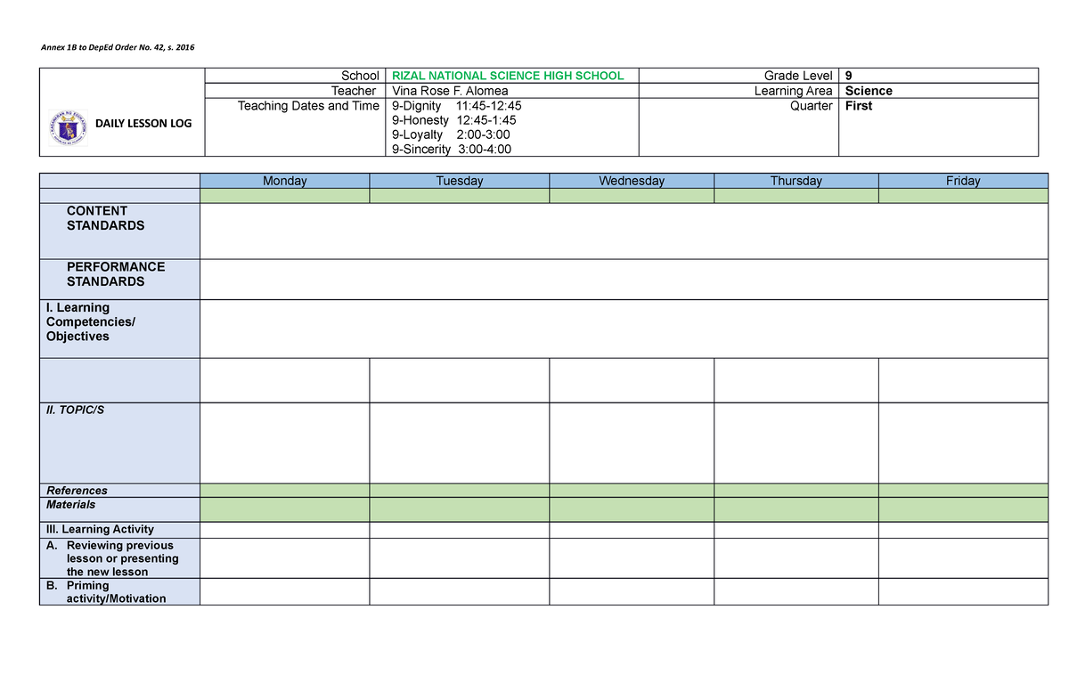 DLL-Template - Daily Lesson Log Template - Annex 1B to DepEd Order No ...