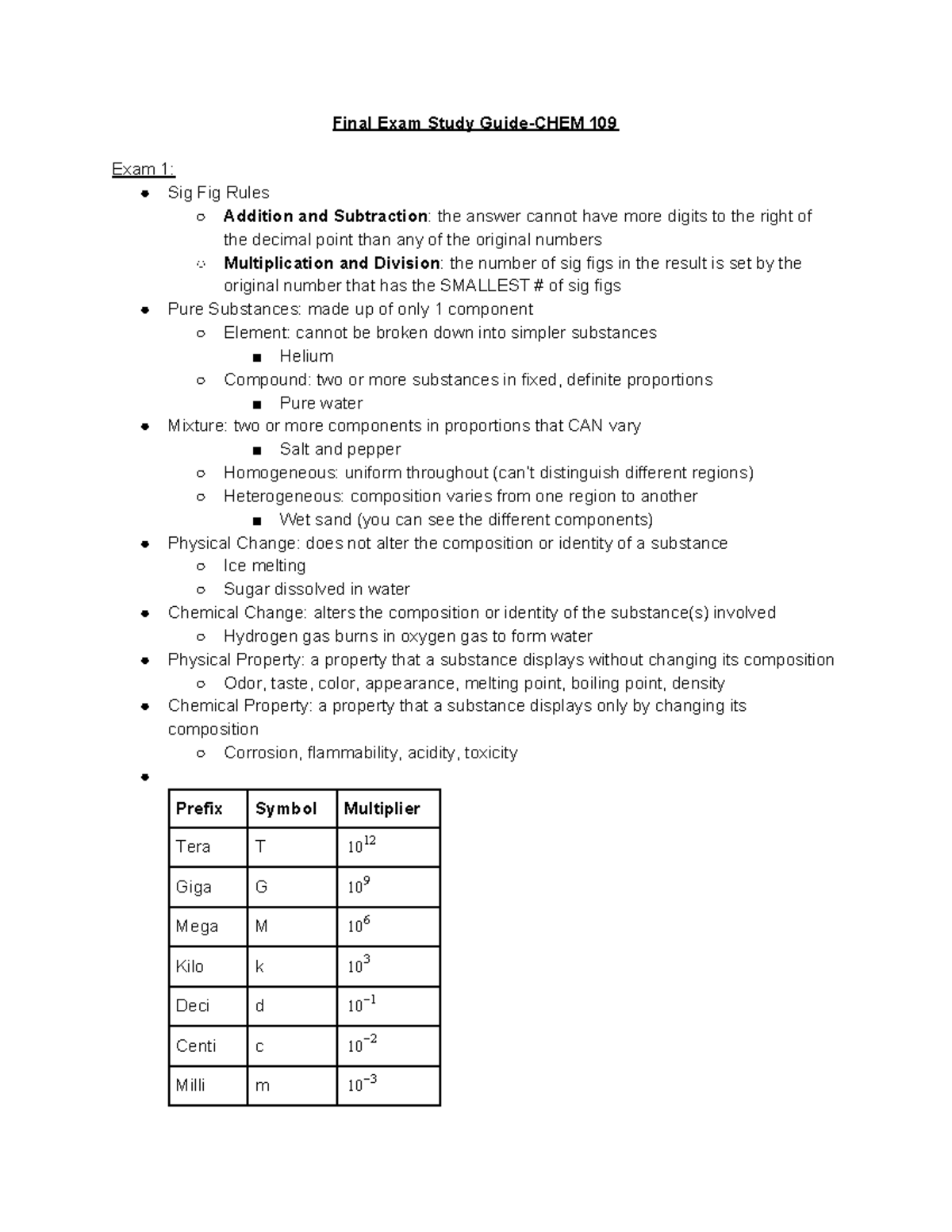Final Exam Study Guide-Chem - Final Exam Study Guide-CHEM 109 Exam 1: Sig Fig Rules Addition and ...