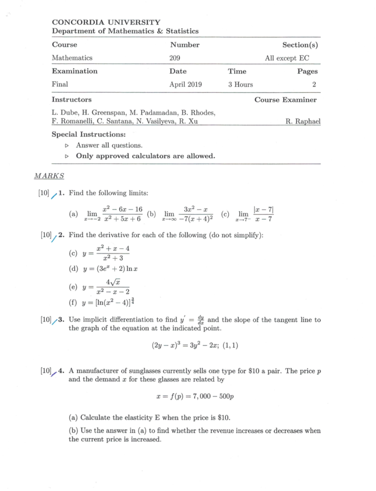 Math 209 April 2019 Final Exam With Solutions - CONCORDIAUNIVERSITY ...