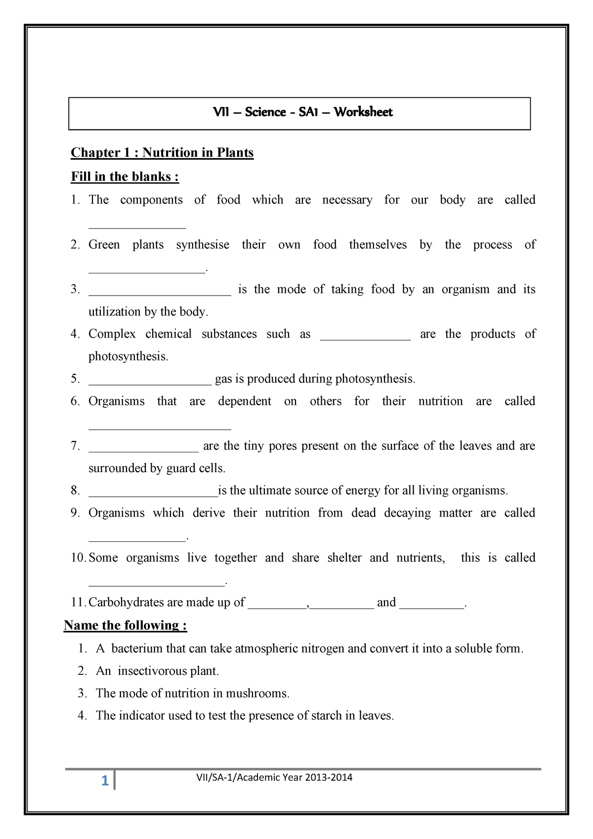 Cbse Class 7 Science Nutrition Vii Science Sa1 Worksheet Chapter 1 Nutrition In 1148