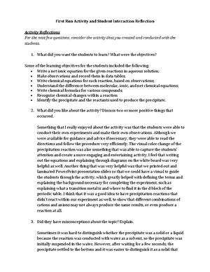 Reflection For Second Activity - 4/09/2019 Activity and Student ...