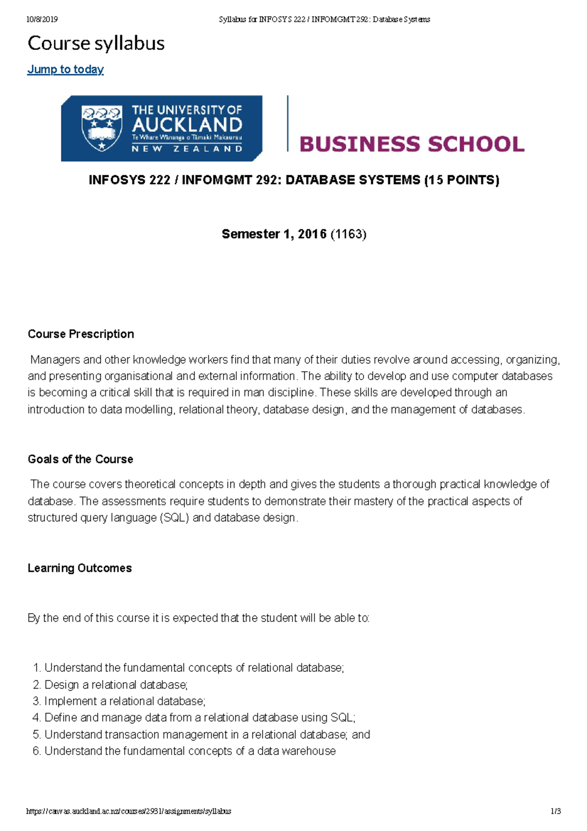 Syllabus For Infosys 222 Infomgmt 292 Database Systems 10 8 2019 Syllabus For Infosys 222 Infomgmt 292 Database Systems 10 8 2019