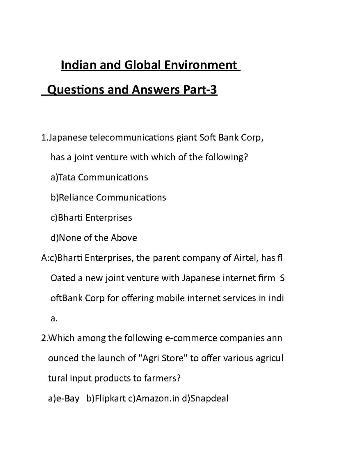 Indian and Global Environment Questions and Answers Part3 Indian and