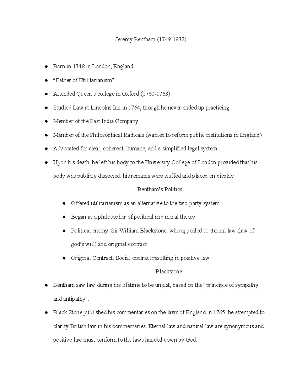 Jeremy Bentham Notes Ethics Jeremy Bentham (17491832) Born in 1748
