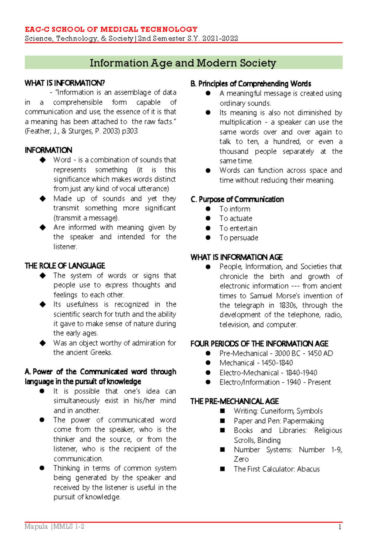 Lesson 2 Information AGE AND Modern Society EACCSCHOOL OF