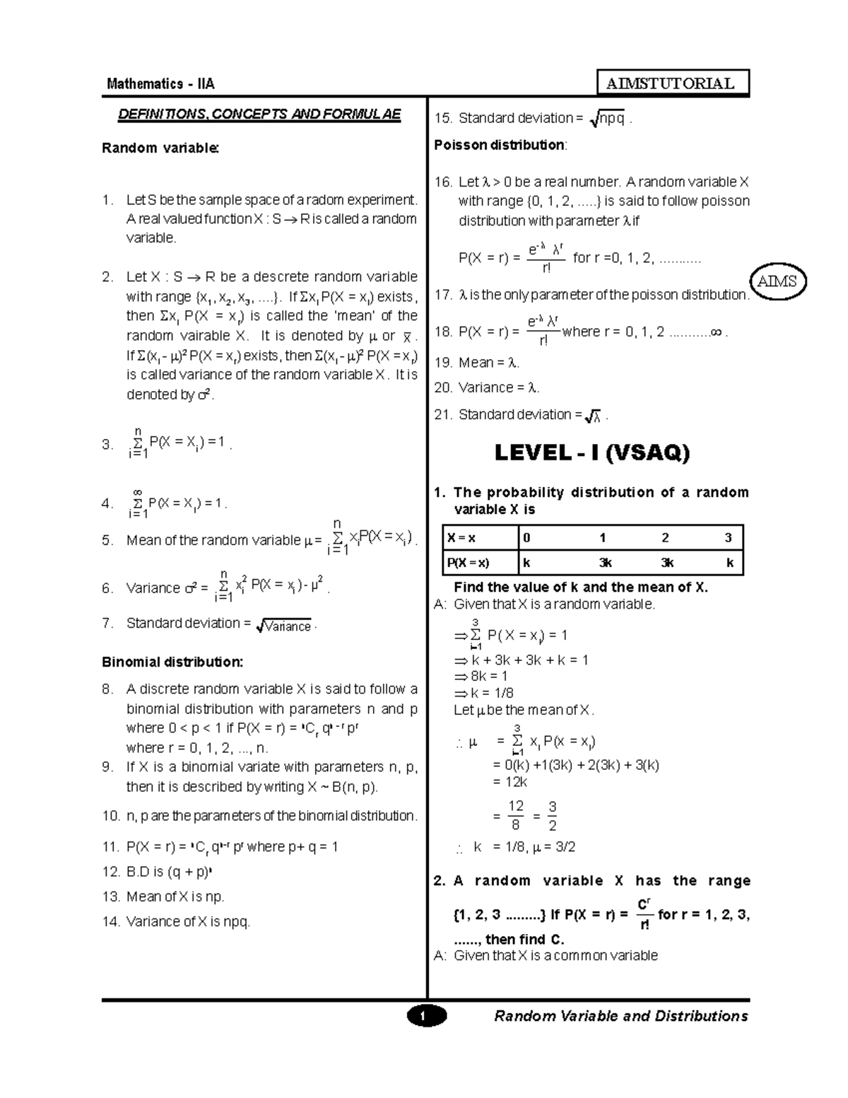 2A Notes Random Variable Probability Distribution - AIMS DEFINITIONS ...