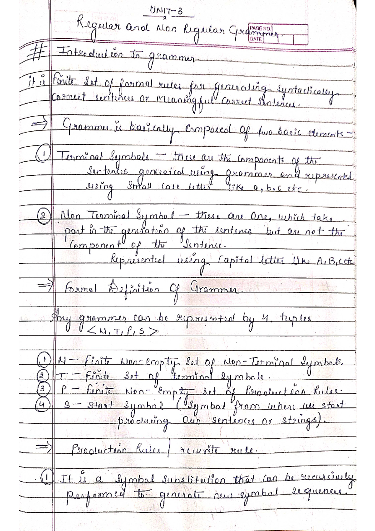 TAFL UNIT 3 - Regular and Non Regular Grammer PAGE DATE NO ...