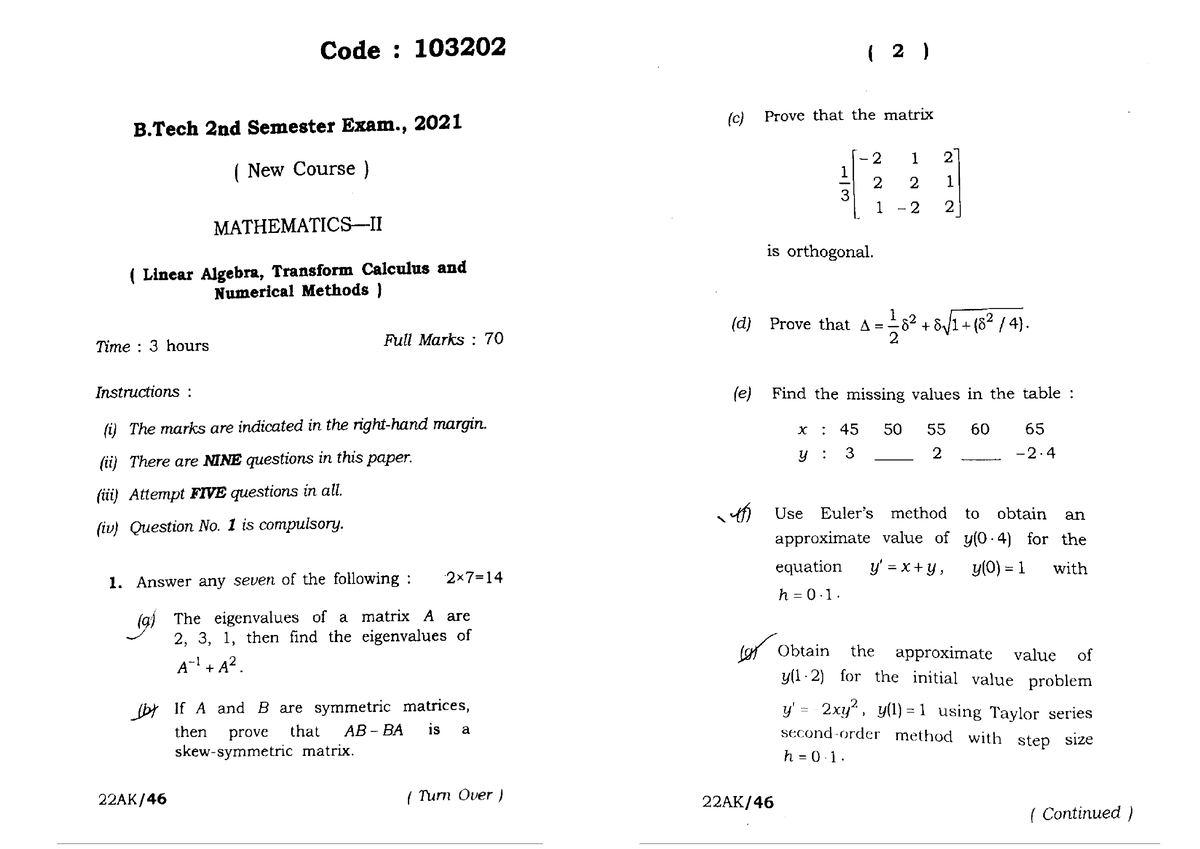 Btech 2 Sem Mathematics 2 Linear Algebra Transform Calculus 103202 2021 ...