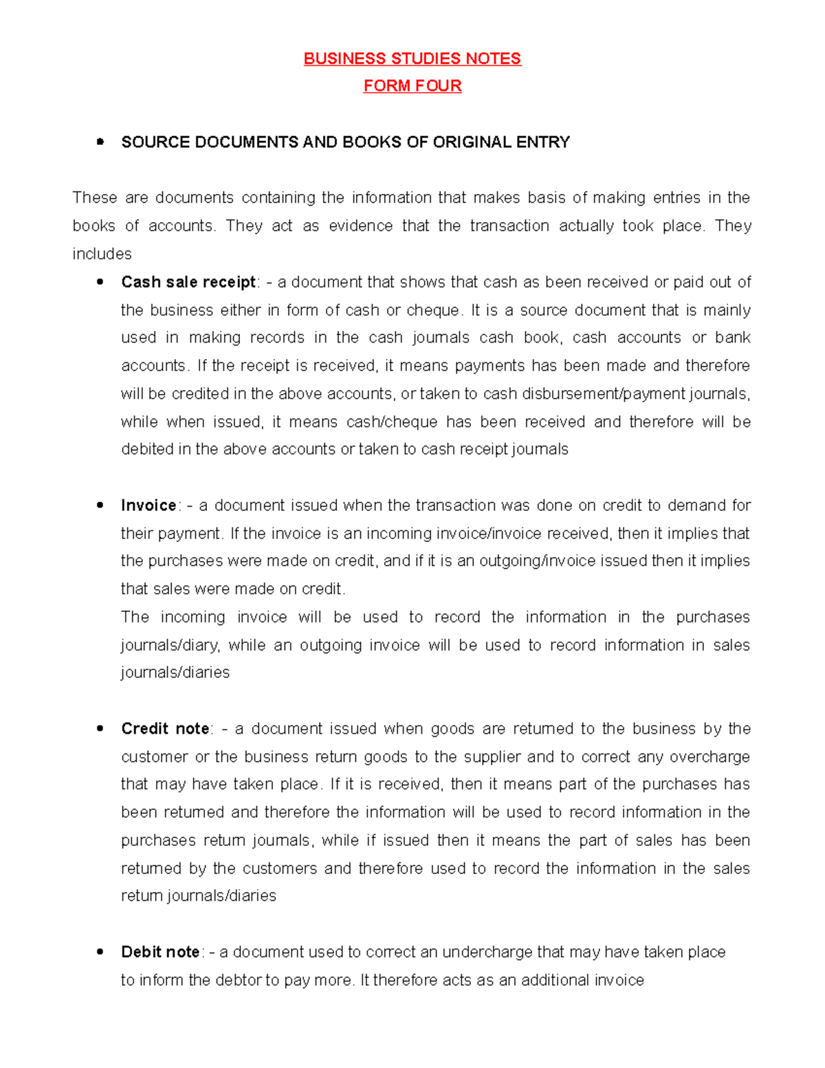Business class 1 notes part1 BUSINESS STUDIES NOTES FORM FOUR SOURCE