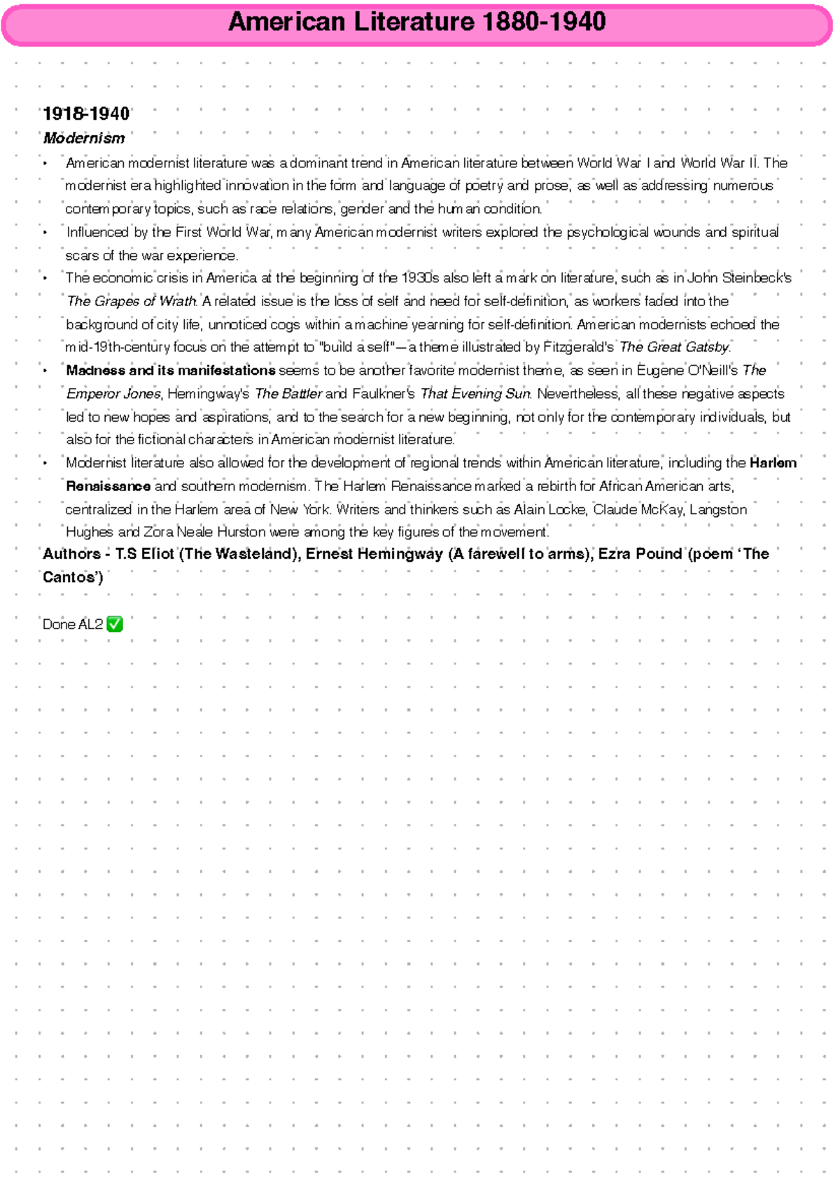 American Literature OCR Modernism notes American Literature 1880