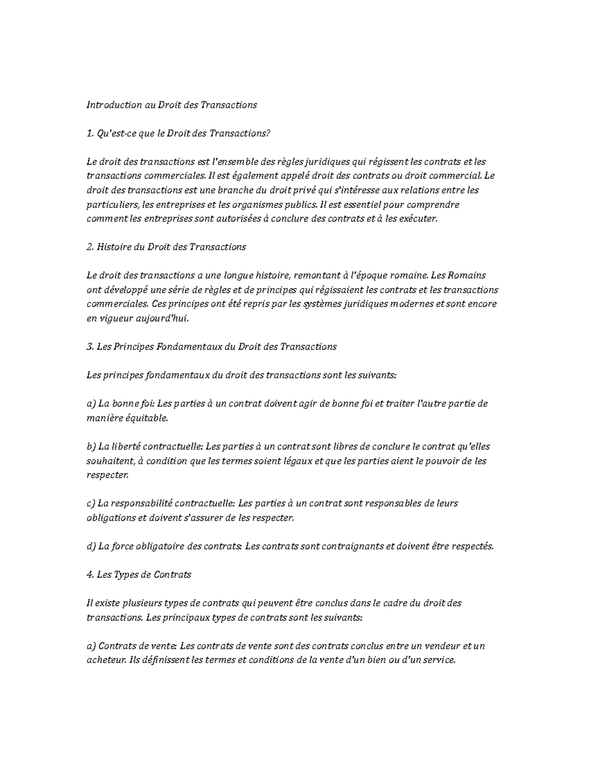 Transactional Law note study Introduction au Droit des Transactions