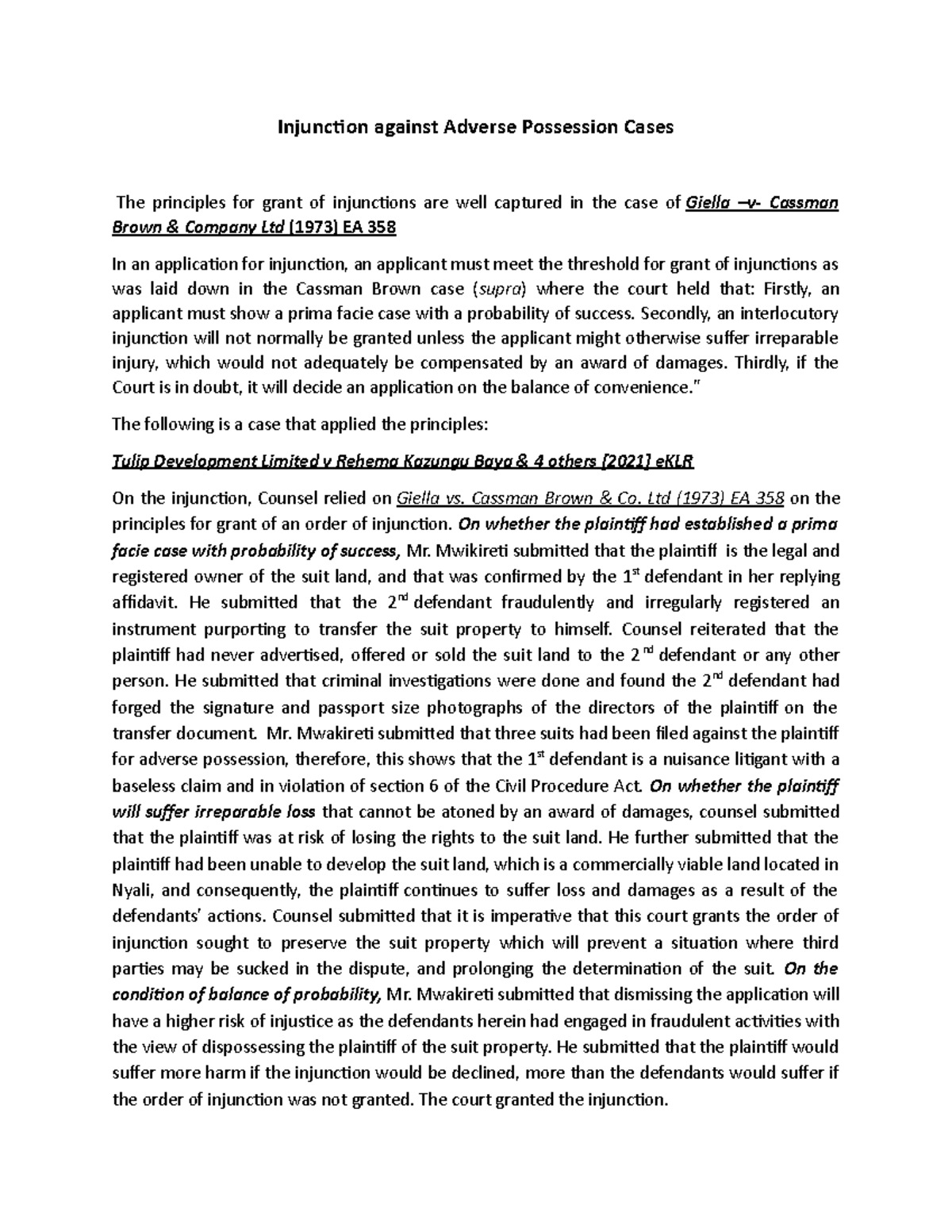 Injunction against Adverse Possession Cases - Secondly, an ...