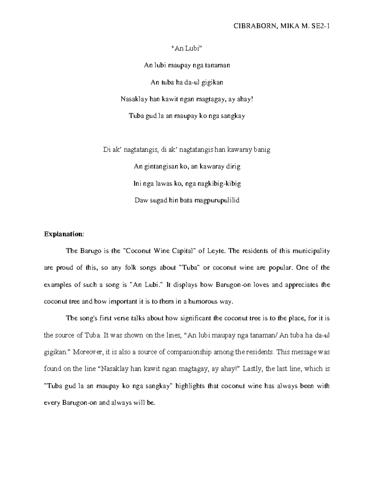 Example of Folk Song with Analysis CIBRABORN, MIKA M. SE2 "An Lubi