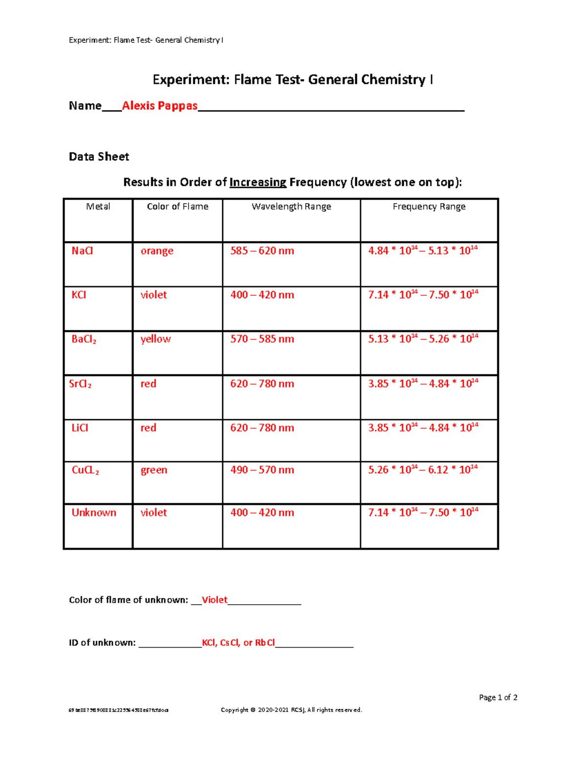 Flame Test Data Page Suzanne Belding Experiment Flame Test