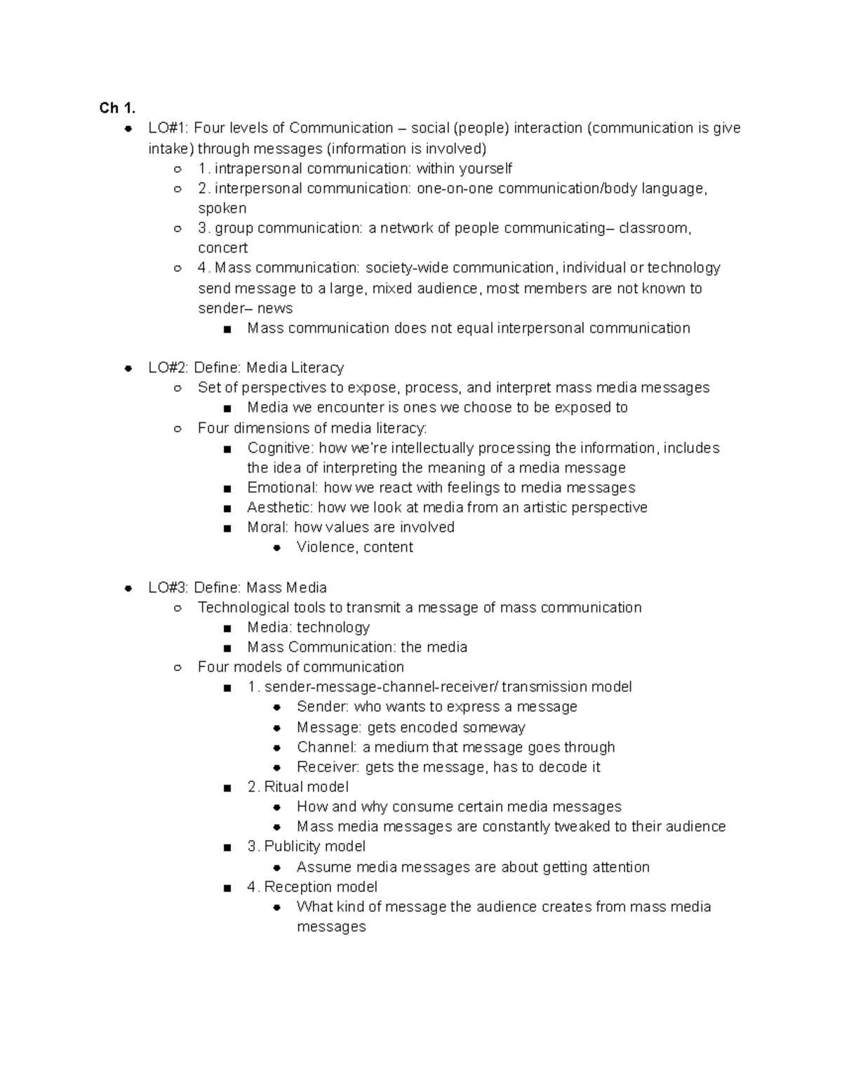 Final MASC101 Study Guide Mr. B - Ch 1. LO#1: Four Levels Of ...