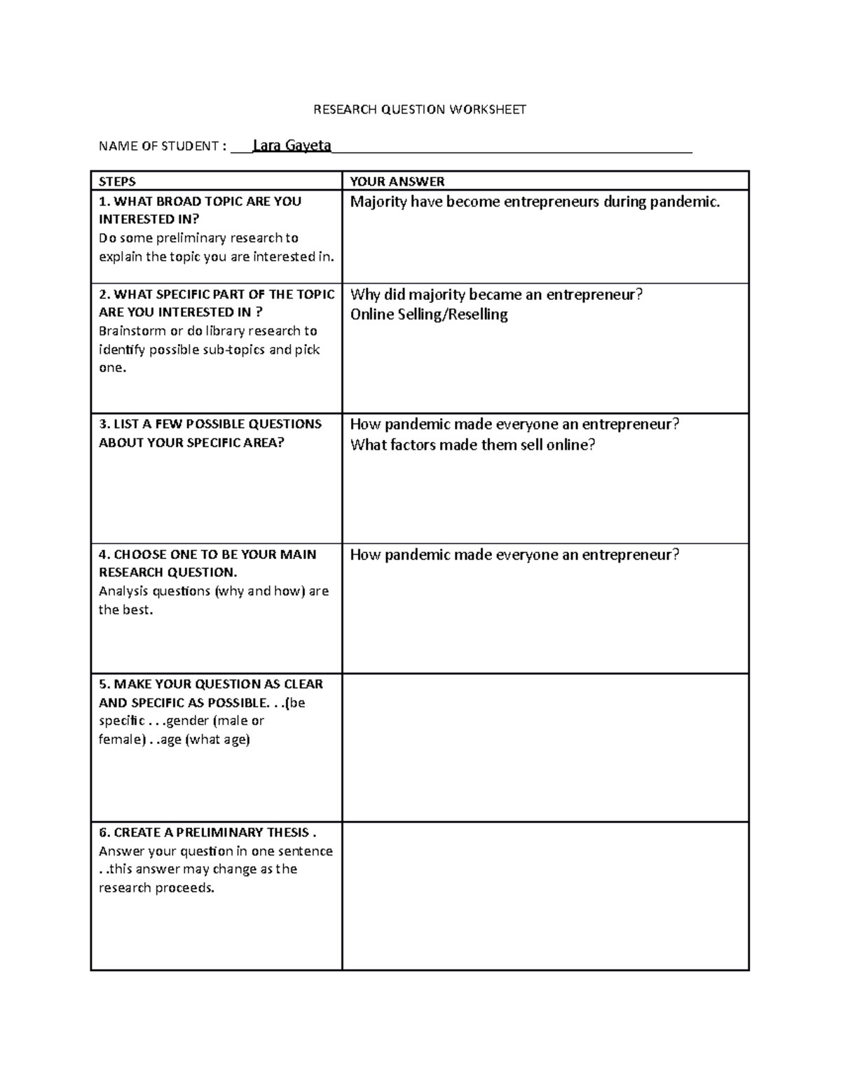 research question worksheet example