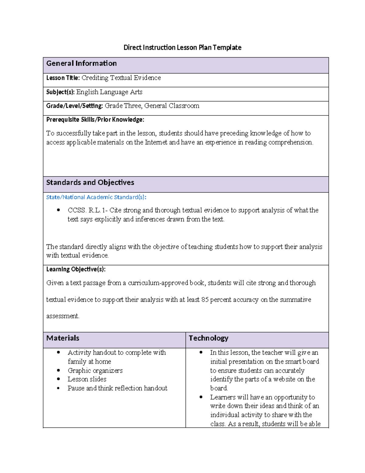 Task two Part I Lesson Planning revised - Direct Instruction Lesson ...