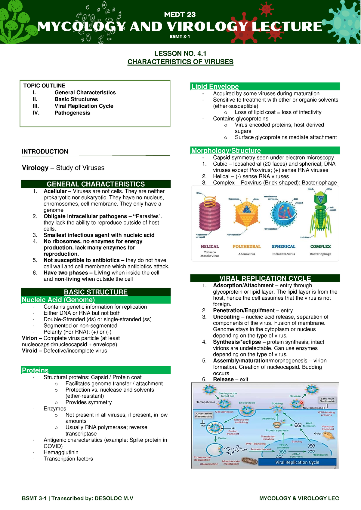 Mycoviro LEC Lesson 4-7 - BSMT 3-1 | Transcribed by: DESOLOC M MYCOLOGY ...