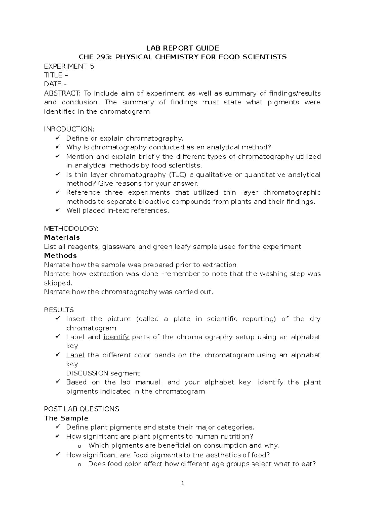 Chromatography lab report guide 26 LAB REPORT GUIDE CHE 293
