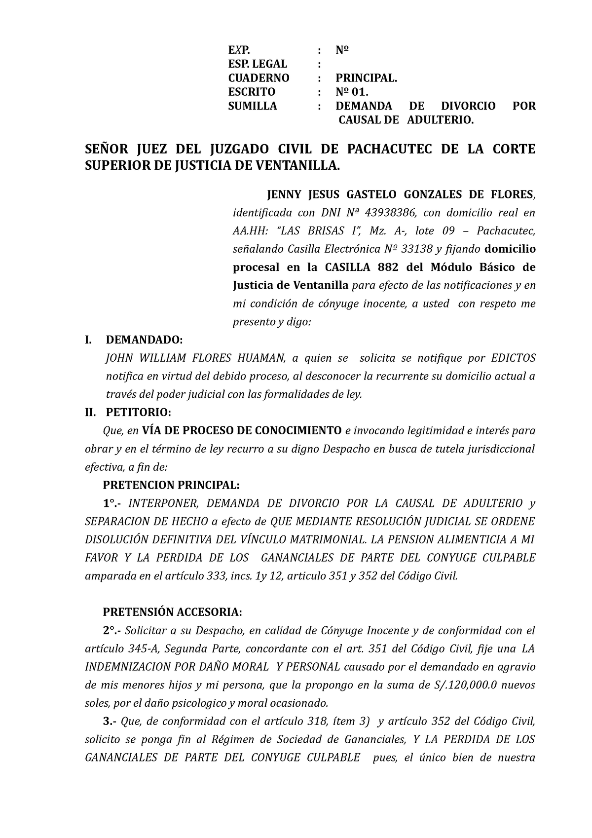 Demanda DE Divorcio POR Causal DE Adulterio EXP. Nº ESP. LEGAL