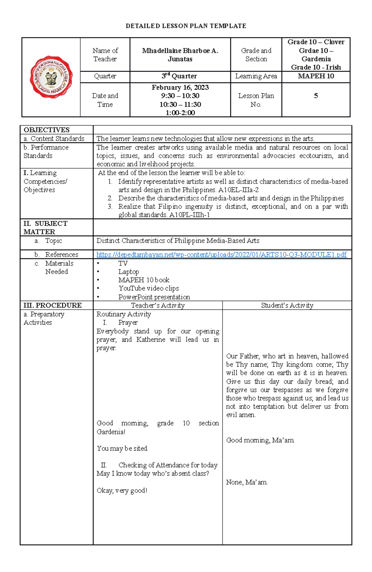 Lc-5 - N A - Detailed Lesson Plan Template Name Of Teacher Mhadellaine 