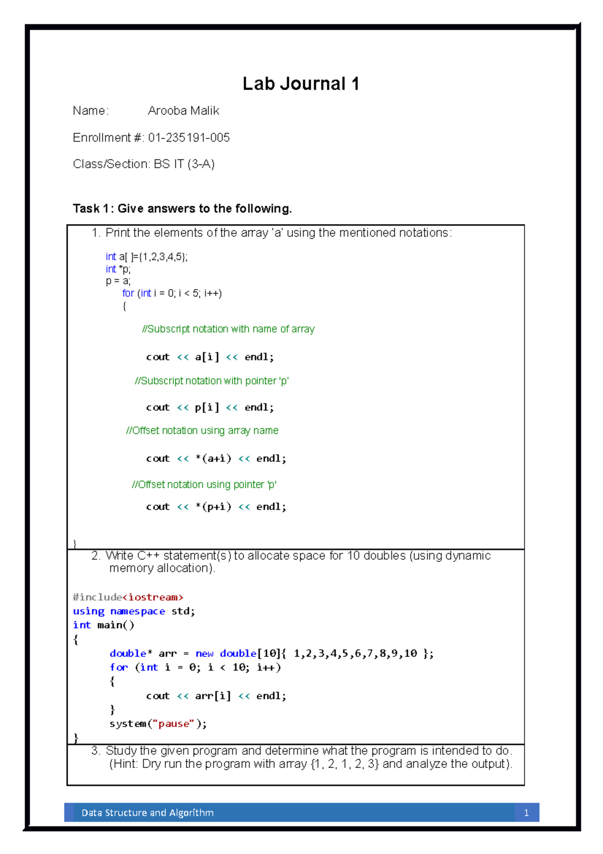 Journal 1 Tasks related to C++ Lab Journal 1 Name Arooba Malik Enrollment 01235191