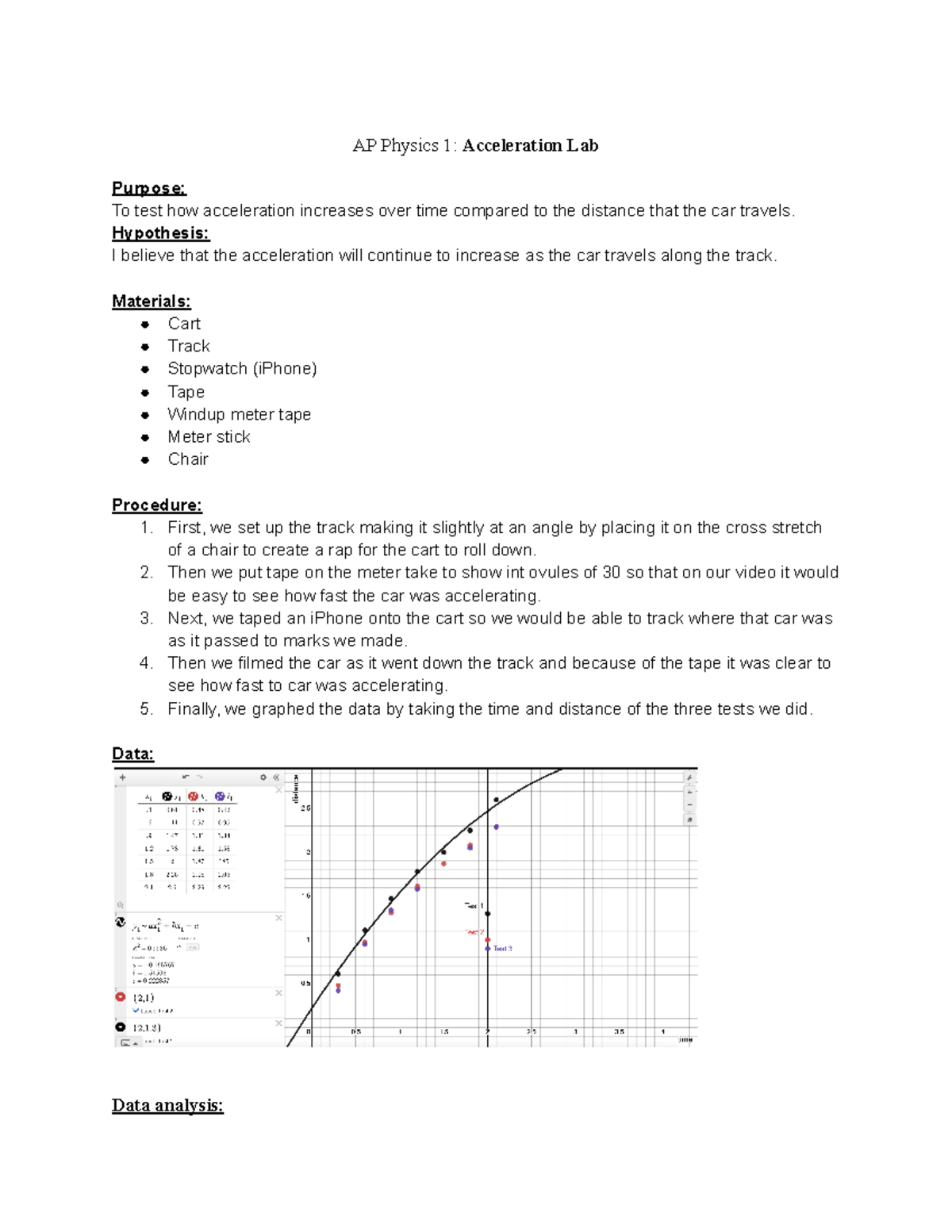 AP Physics 1 Acceleration Lab - Hypothesis: I believe that the ...