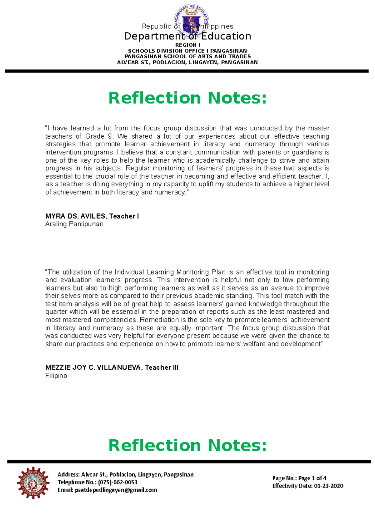 Reflection-Notes - LAC Planning - Department of Education REGION I ...