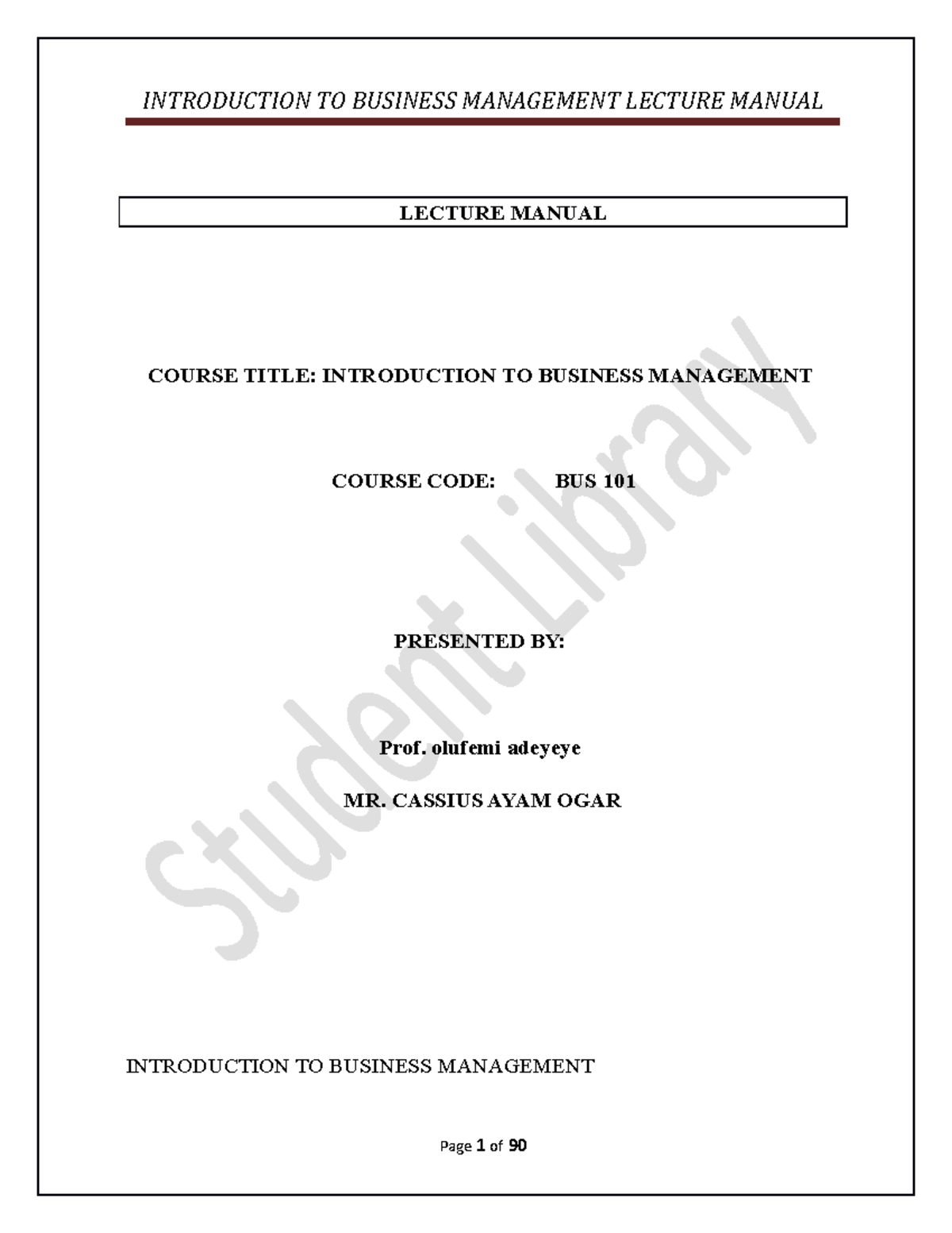 Bus 101 Introduction To Business Management Prof Lecture Manual Course Title Introduction To Bus 101 Introduction To Business Management Prof Lecture Manual Course Title Introduction To