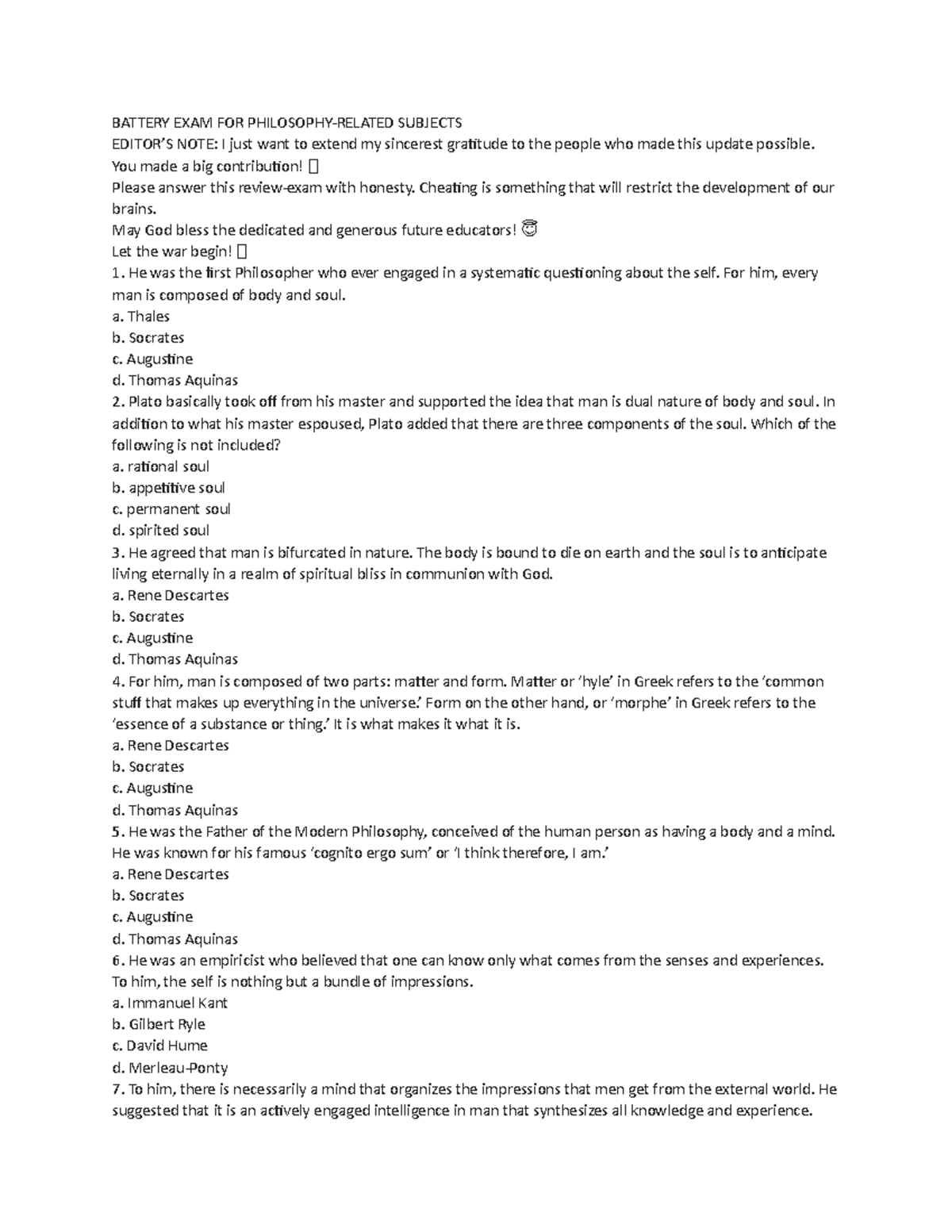 Battery EXAM for Science BATTERY EXAM FOR PHILOSOPHYRELATED SUBJECTS