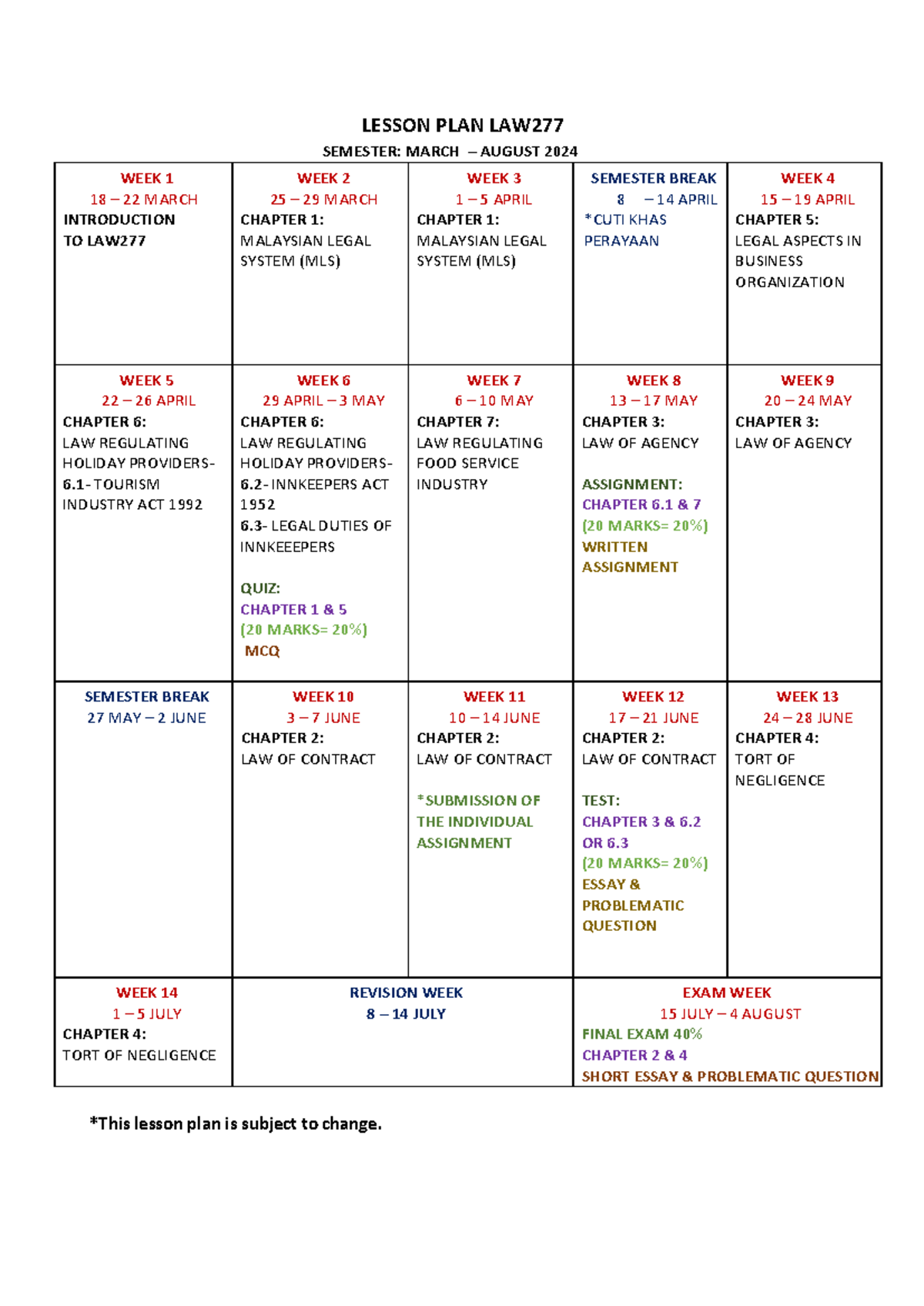 LAW277- Lesson PLAN March - August 2024 - LESSON PLAN LAW SEMESTER ...