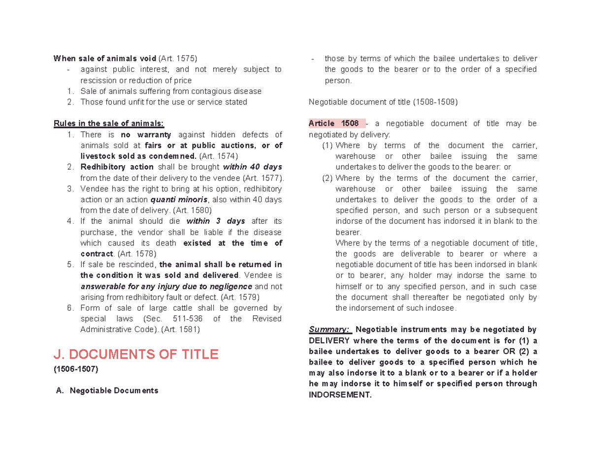 LAW ON Sales-25-30 - LAW ON Sales-25-30 - When sale of animals void ...