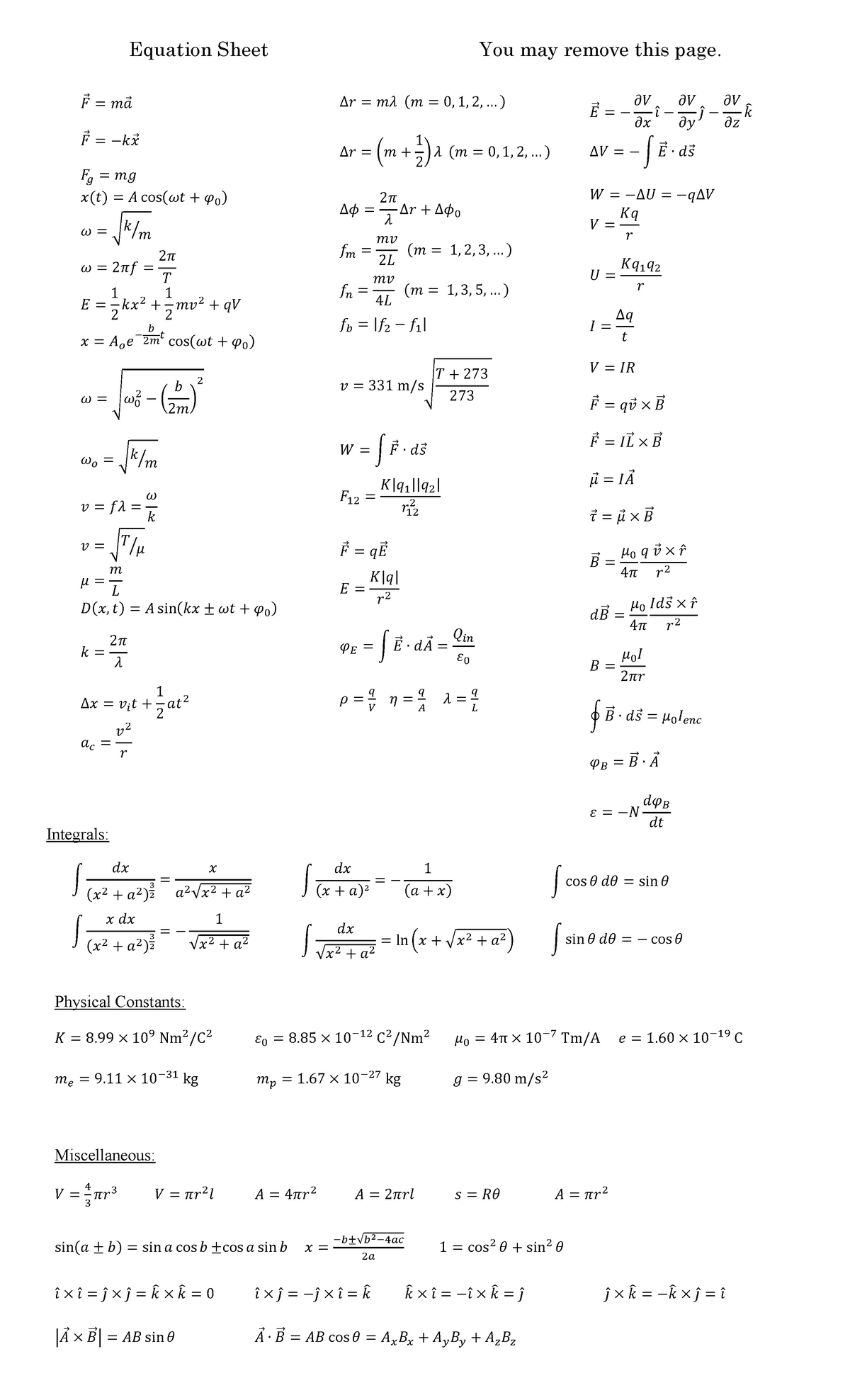 Equations - Equation PHYSICS 1051 Sheet Final Exam December 06 2018 𝐹⃗ ...