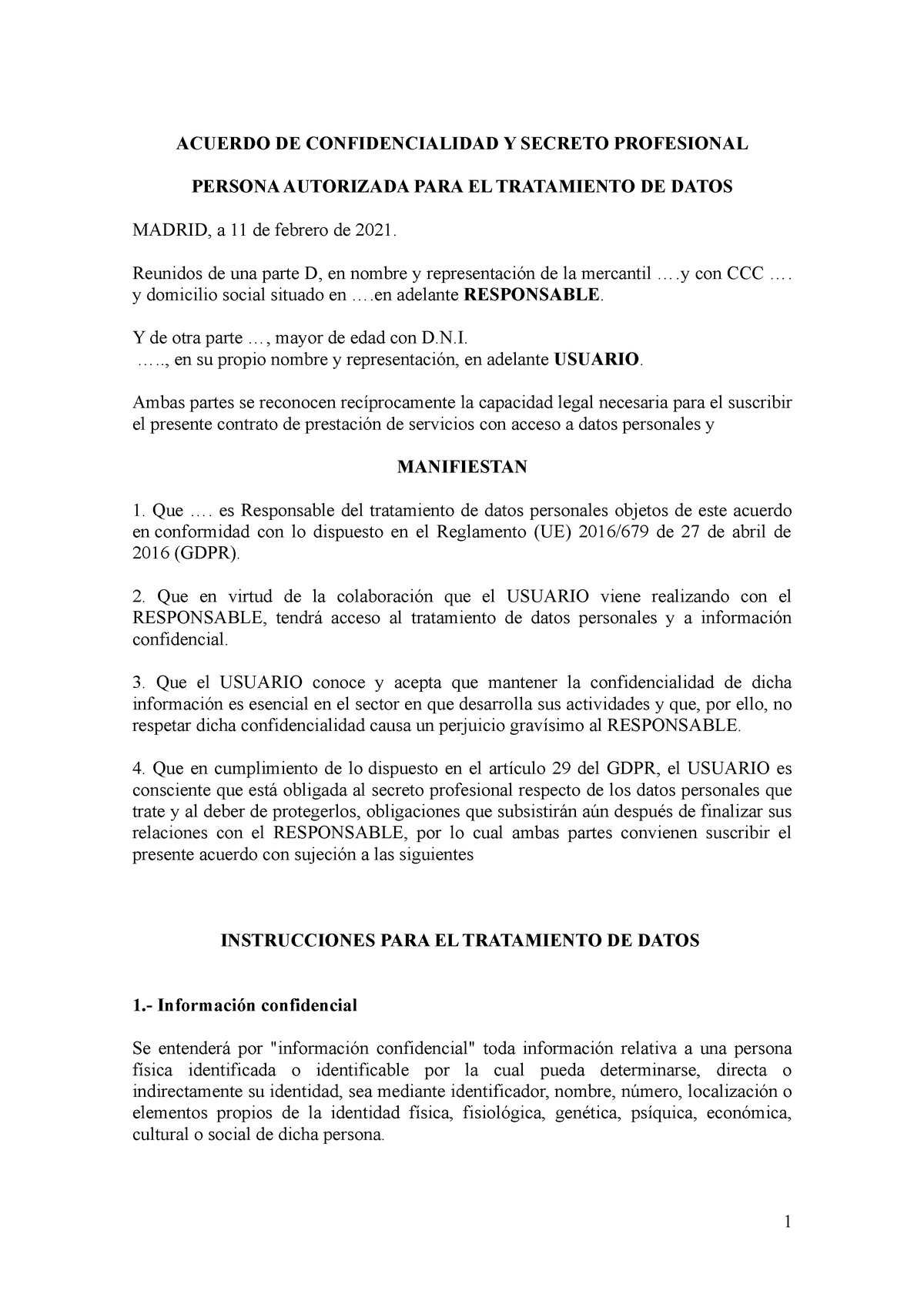 Acuerdo De Confidencialidad Y Protección De Datos - ACUERDO DE ...