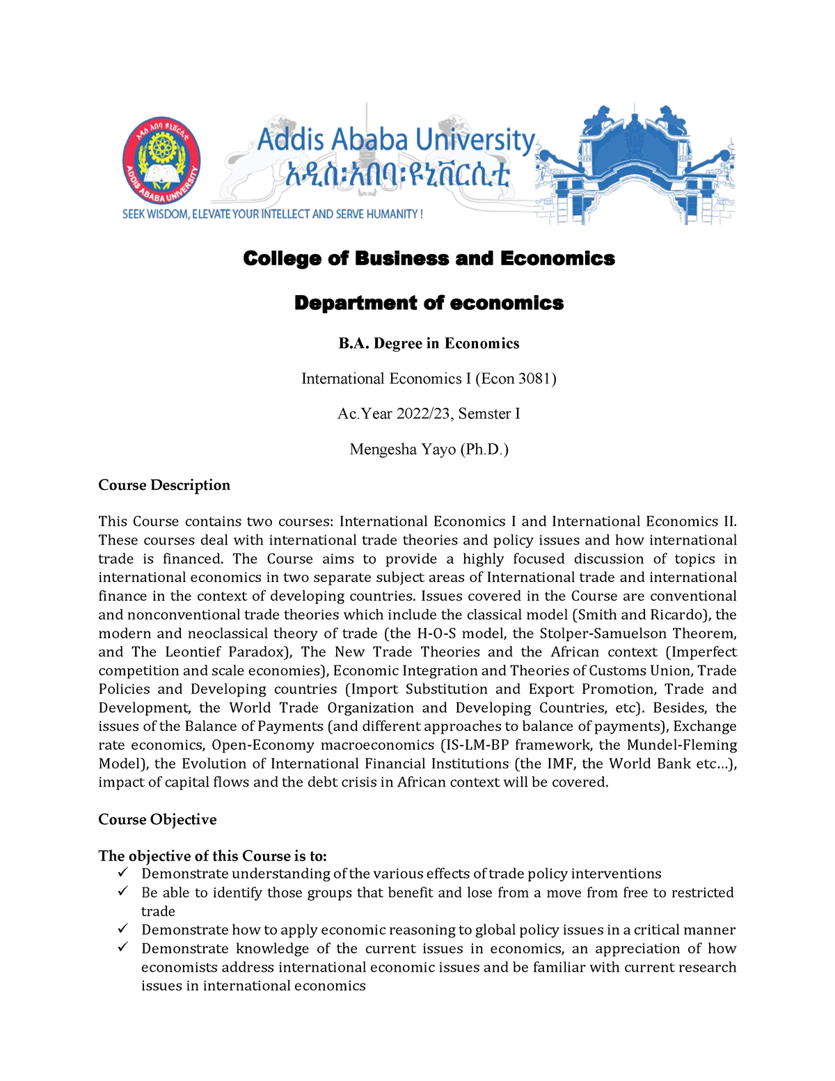 I Course Outline - College Of Business And Economics Department Of ...