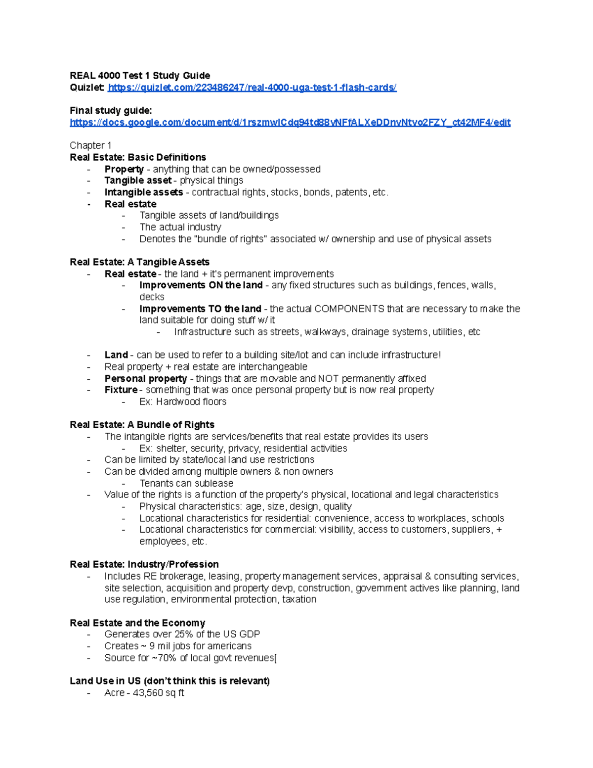 Real estate test 1 study guide - REAL 4000 Test 1 Study Guide - Studocu