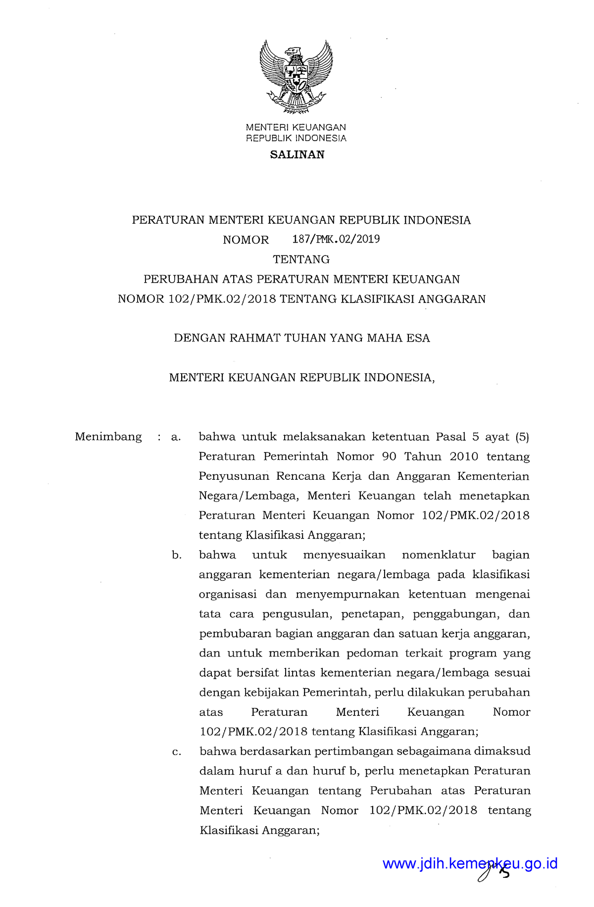 187~PMK - Pmk 187 2019 - MENTERIKEUANGAN REPUBLIK INDONESIA SALINAN ...