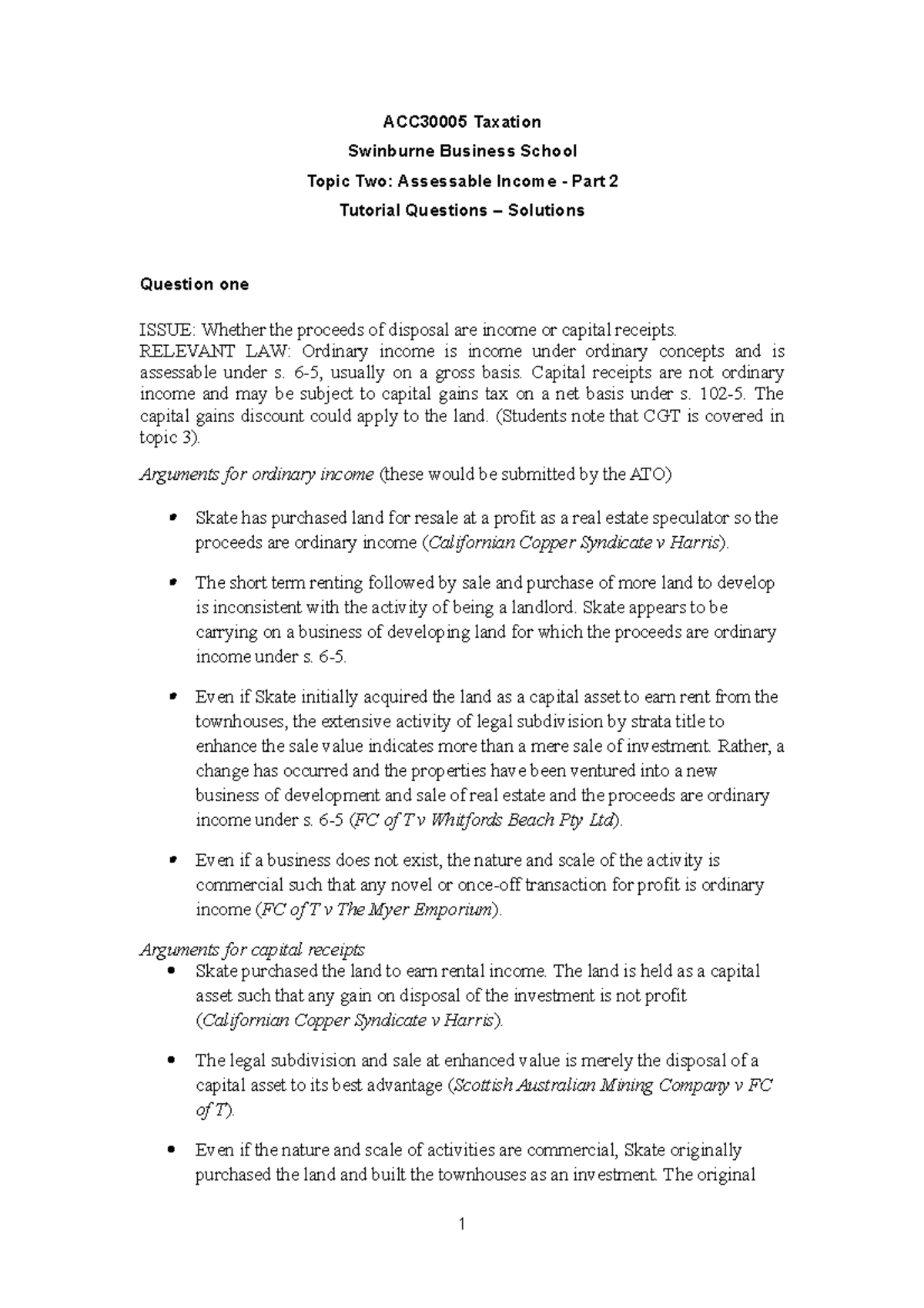 Topic 2A Assessable income part 2 solution - ACC30005 Taxation ...