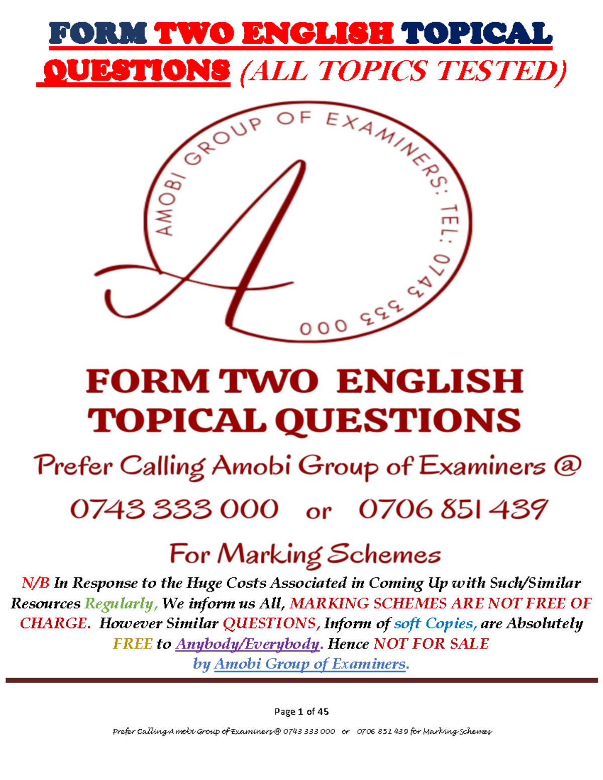 F2 ENG TQ - ENGLISH - Page 1 of 45 FORM TWO ENGLISH TOPICAL QUESTIONS ...