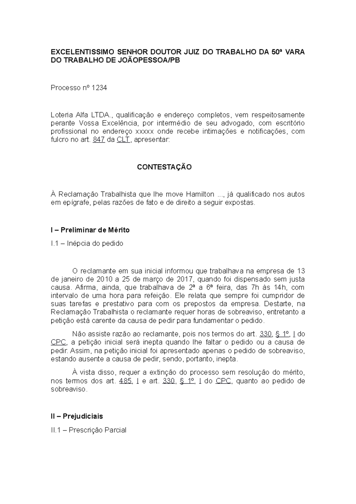 Contestação Trabalhista - EXCELENTISSIMO SENHOR DOUTOR JUIZ DO TRABALHO ...