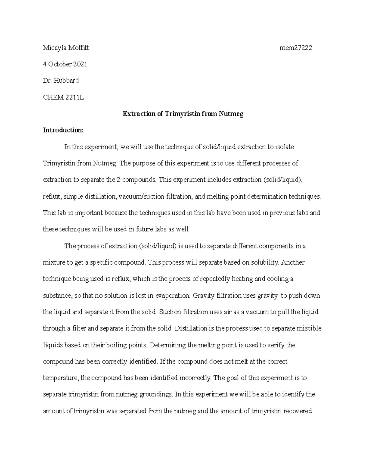 CHEM 2211 Lab SolidLiquid Extraction Micayla Moffitt mem 4 October