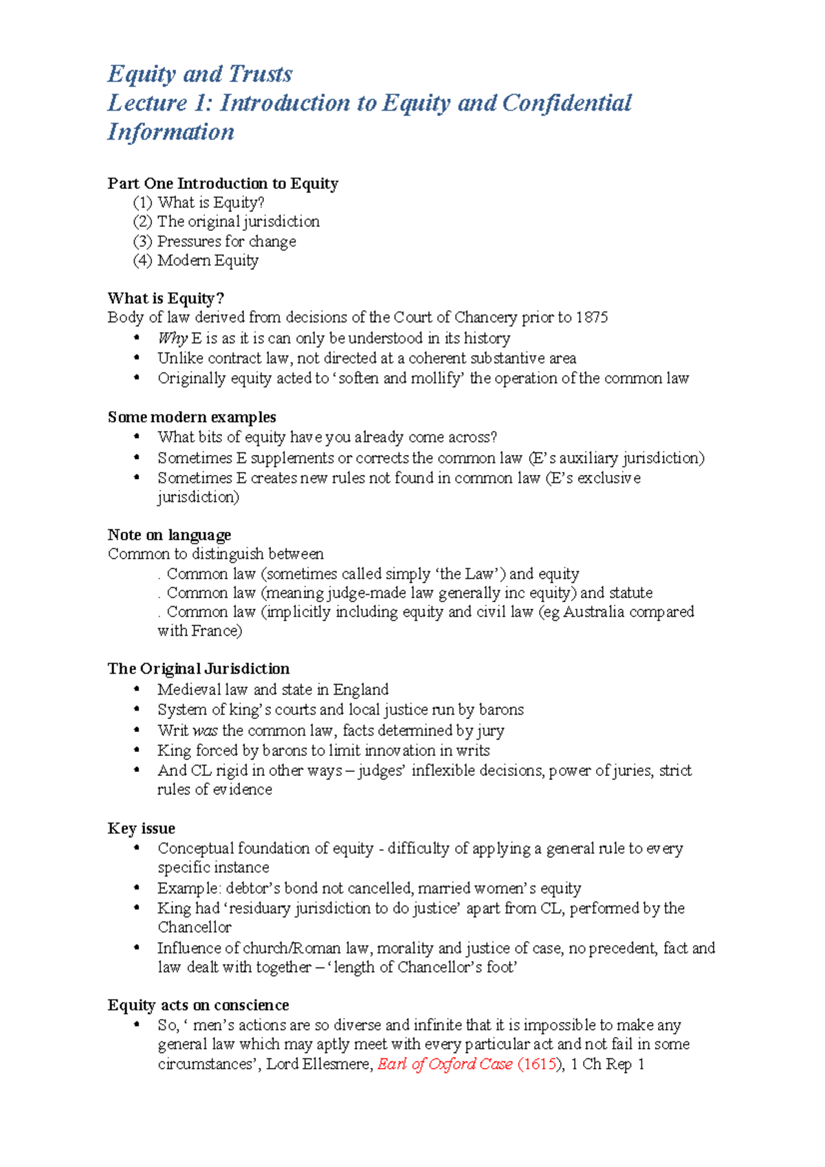 Equity and confiedential info Equity and Trusts Lecture 1